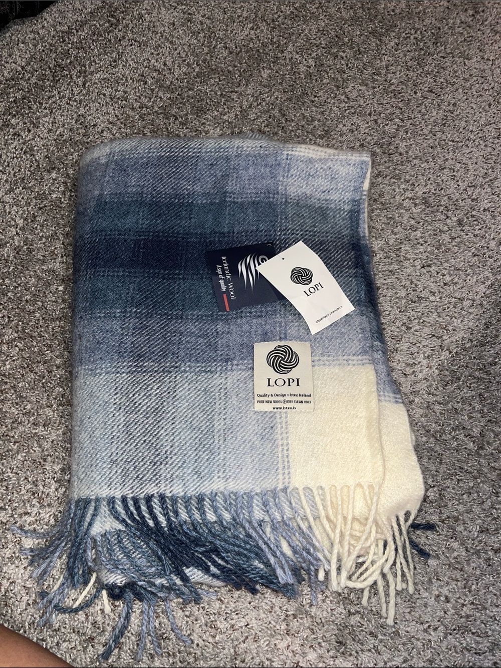 LOPI Blue & Cream Plaid Wool Throw Blanket